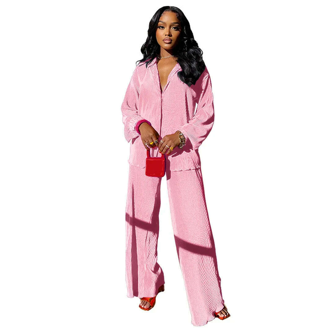 KIMLUD, CM.YAYA Street Women&#39;s Set Long Sleeve Shirt Tops and Wide Leg Pants Elegant Tracksuit Two Piece Set Sweatsuit Fitness Outfits, Pink-01 / S, KIMLUD Womens Clothes