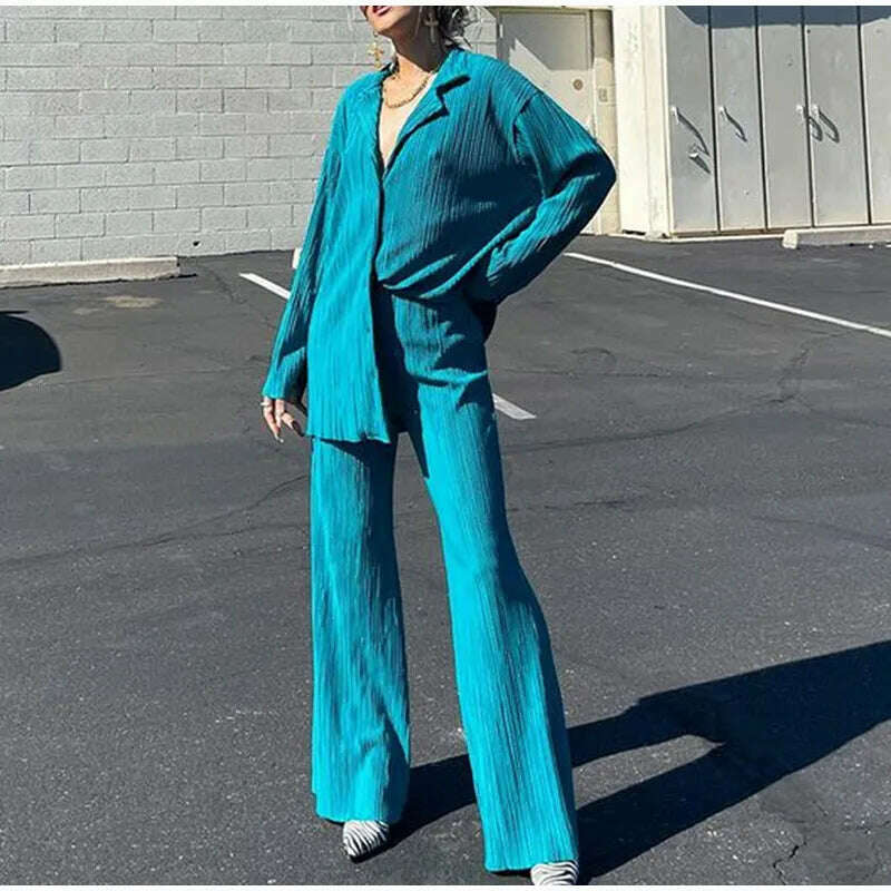 KIMLUD, CM.YAYA Street Women&#39;s Set Long Sleeve Shirt Tops and Wide Leg Pants Elegant Tracksuit Two Piece Set Sweatsuit Fitness Outfits, KIMLUD Womens Clothes