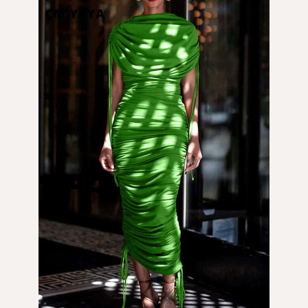 CM.YAYA Women Butterfly Sleeve Drawstring Ruched Stacked Birthday Bodycon Midi Maxi Dress 2024 Even Party Long Dresses Vestidos - KIMLUD