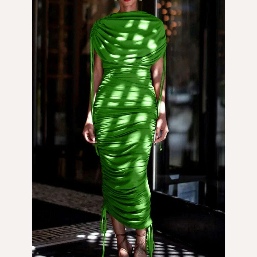 KIMLUD, CM.YAYA Women Butterfly Sleeve Drawstring Ruched Stacked Birthday Bodycon Midi Maxi Dress 2024 Even Party Long Dresses Vestidos, Green / XXXL, KIMLUD Womens Clothes