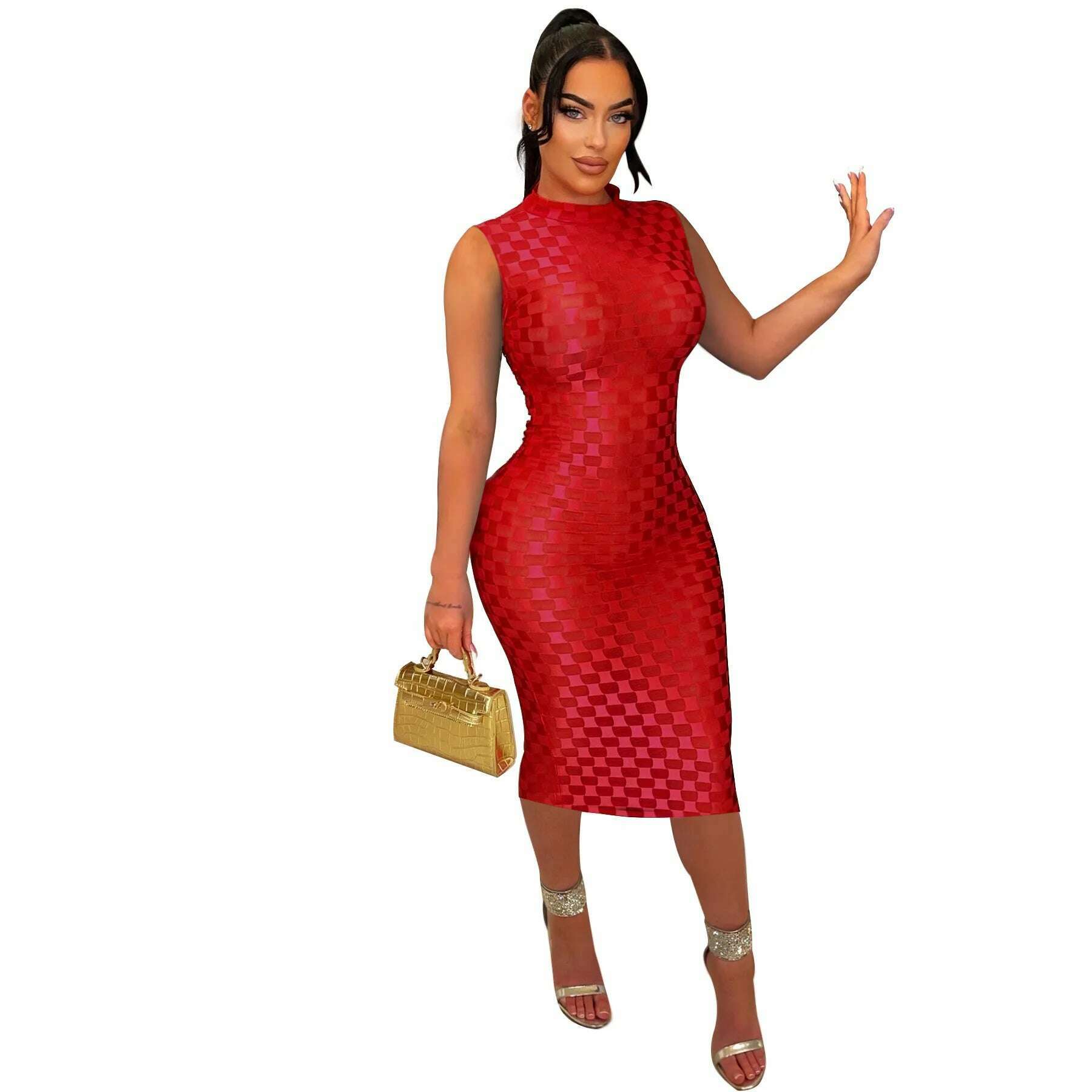 CM.YAYA Women Elegant O-neck Sleeveless Mesh See Through Midi Dress 2024 Summer Sexy Casual Night Club Party Vestido Dresses - KIMLUD