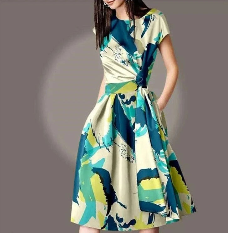 KIMLUD, C.New S Women O Neck Slim Multicolor Floral Print Vintage Elegant Knee Lenght Dresses Summer Runway Saudi Arabia Short Sleeve, KIMLUD Women's Clothes