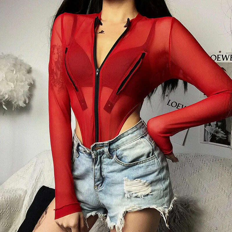 KIMLUD, CNYISHE Sexy Club Bodysuits Women Tops Streetwear Red Mesh High Waist Bodysuit Romper Female Body Basic Summer Outfits Swimsuit, KIMLUD Womens Clothes