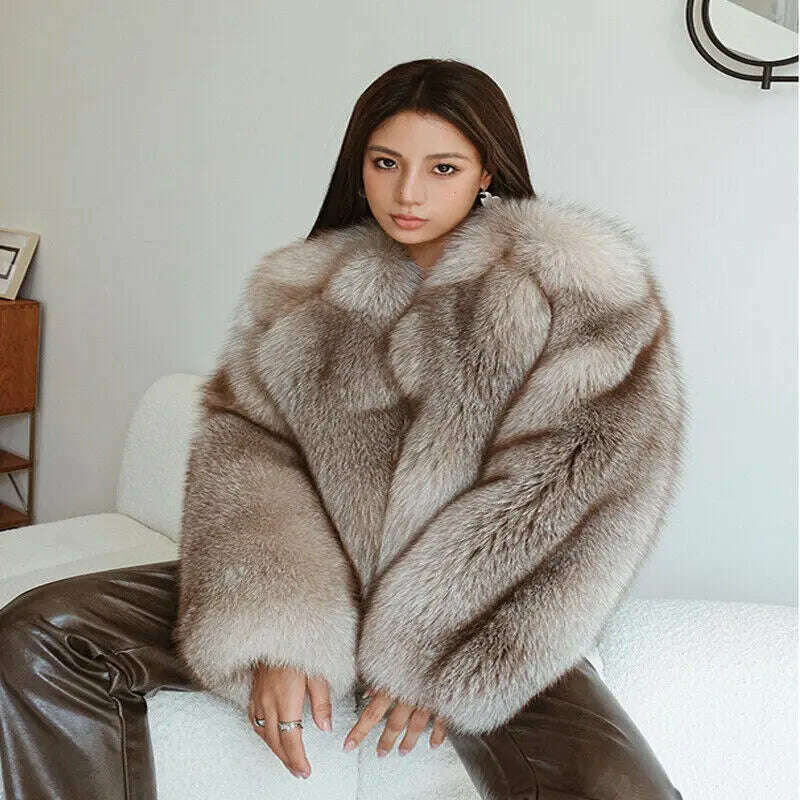 KIMLUD, Coffee Fox Fur Jacket Women Winter Fashion Warm Fluffy Real Fur Outertwear Natural Luxury Fox Fur Coat Lady, coffee / S bust 88cm, KIMLUD Womens Clothes