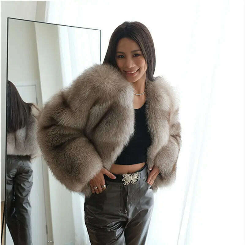KIMLUD, Coffee Fox Fur Jacket Women Winter Fashion Warm Fluffy Real Fur Outertwear Natural Luxury Fox Fur Coat Lady, KIMLUD Womens Clothes