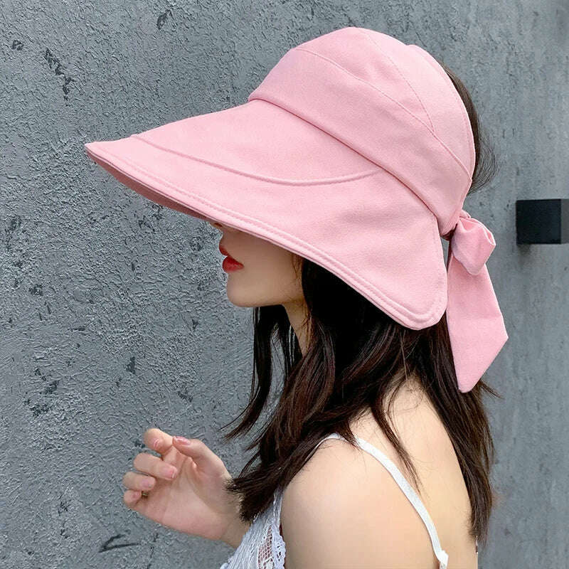 KIMLUD, COKK Sun Hat Summer Women Ponytail Visor Wide Brim Uv Protection Bow Beach Hat Yellow Ladies Sunhat Ladies Hats Foldable Gorro, pink / 56-58cm, KIMLUD APPAREL - Womens Clothes