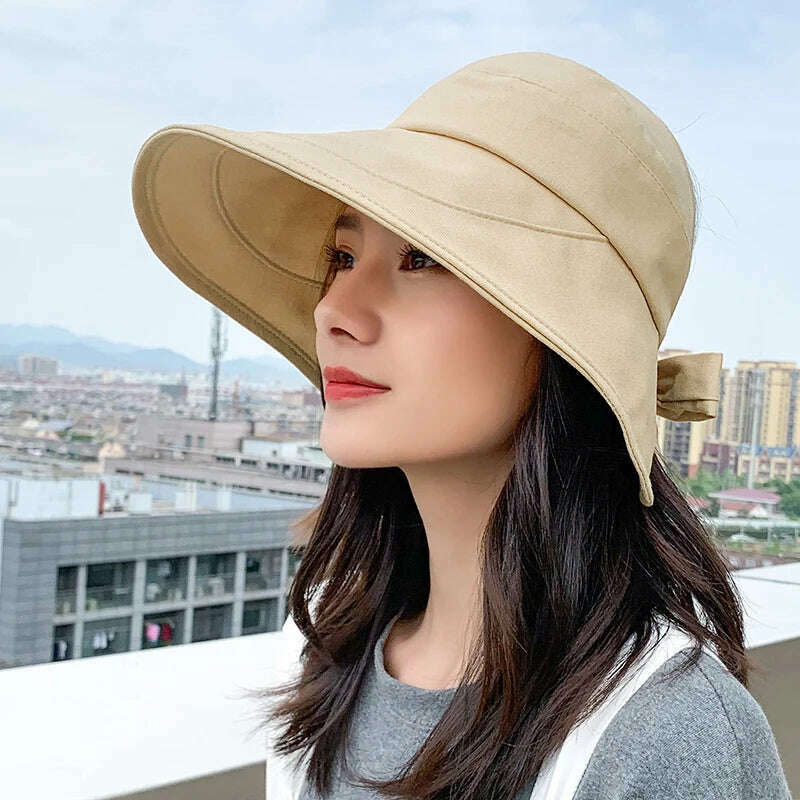 KIMLUD, COKK Sun Hat Summer Women Ponytail Visor Wide Brim Uv Protection Bow Beach Hat Yellow Ladies Sunhat Ladies Hats Foldable Gorro, khaki / 56-58cm, KIMLUD Womens Clothes