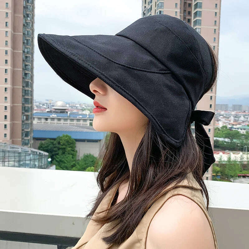 KIMLUD, COKK Sun Hat Summer Women Ponytail Visor Wide Brim Uv Protection Bow Beach Hat Yellow Ladies Sunhat Ladies Hats Foldable Gorro, Black / 56-58cm, KIMLUD Womens Clothes