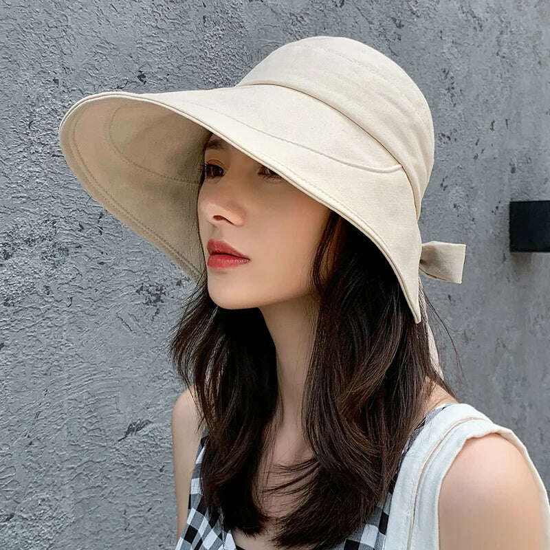 KIMLUD, COKK Sun Hat Summer Women Ponytail Visor Wide Brim Uv Protection Bow Beach Hat Yellow Ladies Sunhat Ladies Hats Foldable Gorro, beige / 56-58cm, KIMLUD Womens Clothes