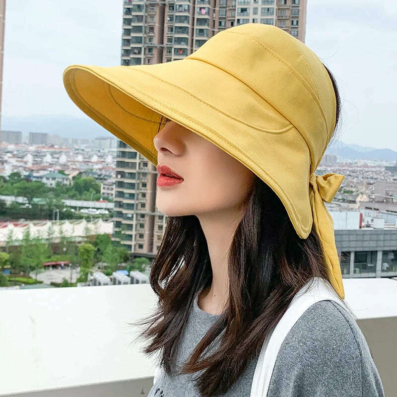 KIMLUD, COKK Sun Hat Summer Women Ponytail Visor Wide Brim Uv Protection Bow Beach Hat Yellow Ladies Sunhat Ladies Hats Foldable Gorro, yellow / 56-58cm, KIMLUD Womens Clothes