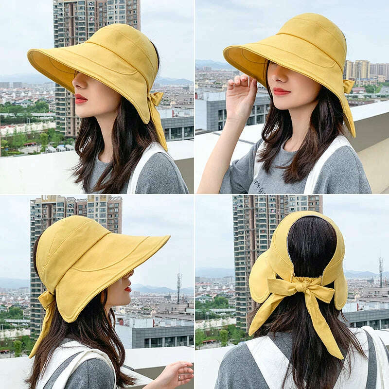 KIMLUD, COKK Sun Hat Summer Women Ponytail Visor Wide Brim Uv Protection Bow Beach Hat Yellow Ladies Sunhat Ladies Hats Foldable Gorro, KIMLUD Womens Clothes