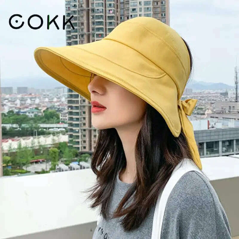 KIMLUD, COKK Sun Hat Summer Women Ponytail Visor Wide Brim Uv Protection Bow Beach Hat Yellow Ladies Sunhat Ladies Hats Foldable Gorro, KIMLUD Womens Clothes