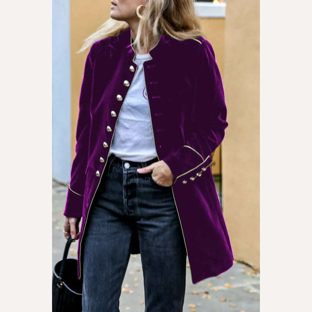 KIMLUD, COLDKER 2024 Autumn Winter Medieval Cosplay Costume Velvet Women's Jacket Office Lady Elegant Long Blazer Female Jacket Coat, purple / M, KIMLUD Womens Clothes