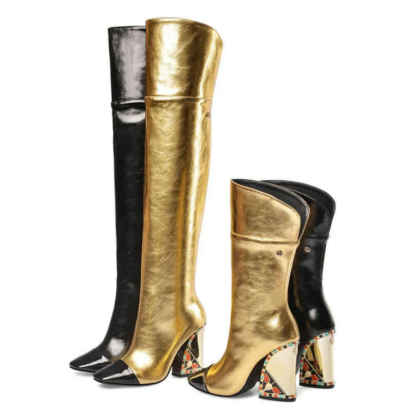 KIMLUD, Colored Rhinestone Cowhide Mid Tube/knee Length Boots Thick Heeled Square Toe Black Gold Runway Runway Performance High Heels, KIMLUD Womens Clothes