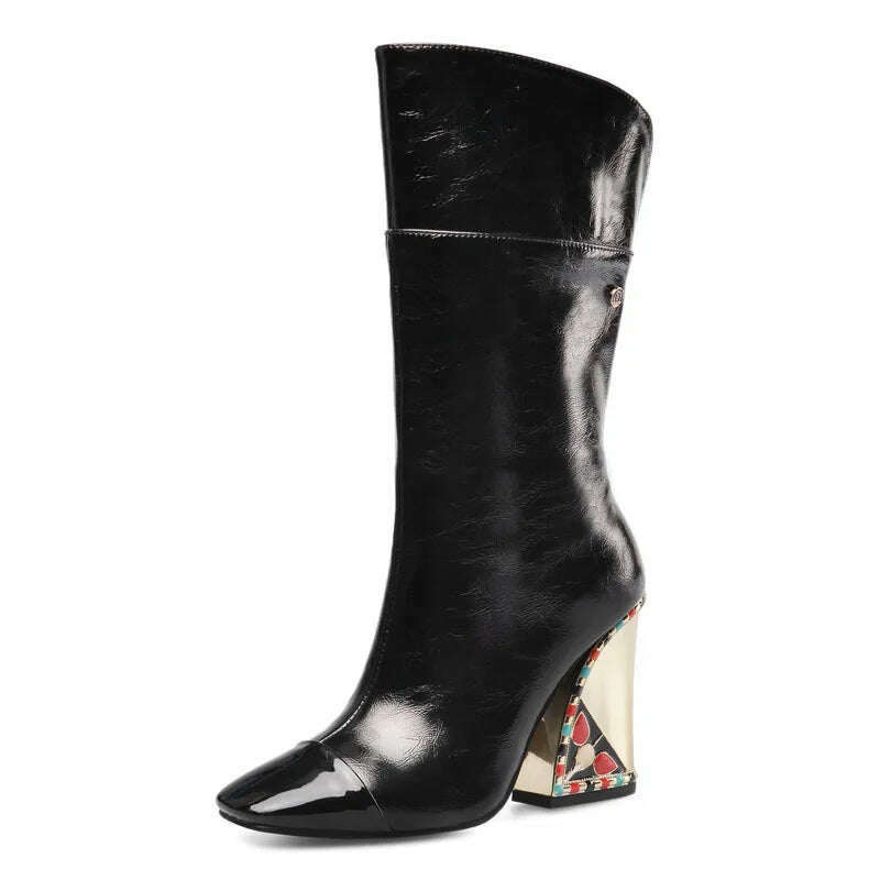 KIMLUD, Colored Rhinestone Cowhide Mid Tube/knee Length Boots Thick Heeled Square Toe Black Gold Runway Runway Performance High Heels, D462black short / 34, KIMLUD APPAREL - Womens Clothes