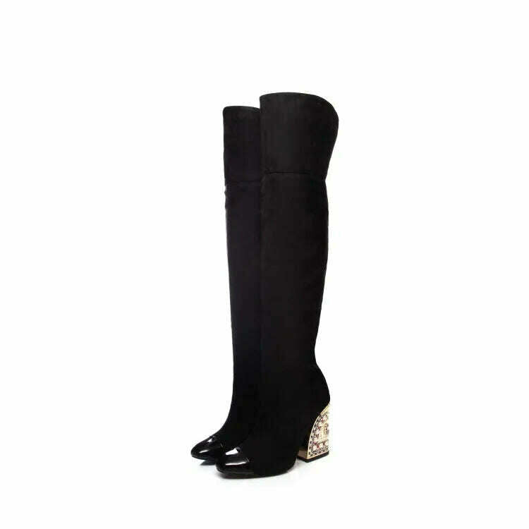 KIMLUD, Colored Rhinestone Cowhide Mid Tube/knee Length Boots Thick Heeled Square Toe Black Gold Runway Runway Performance High Heels, L196black / 34, KIMLUD APPAREL - Womens Clothes