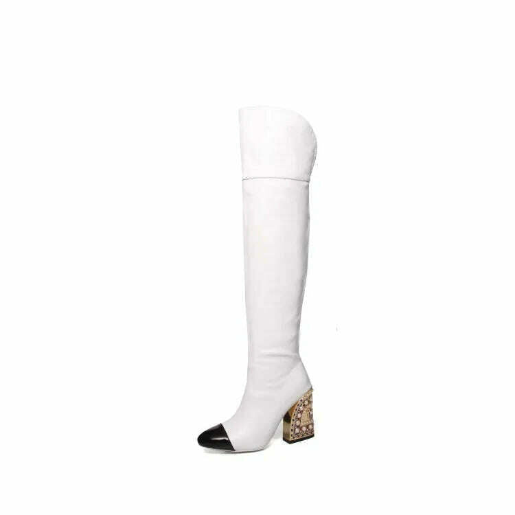 KIMLUD, Colored Rhinestone Cowhide Mid Tube/knee Length Boots Thick Heeled Square Toe Black Gold Runway Runway Performance High Heels, L196white / 34, KIMLUD APPAREL - Womens Clothes
