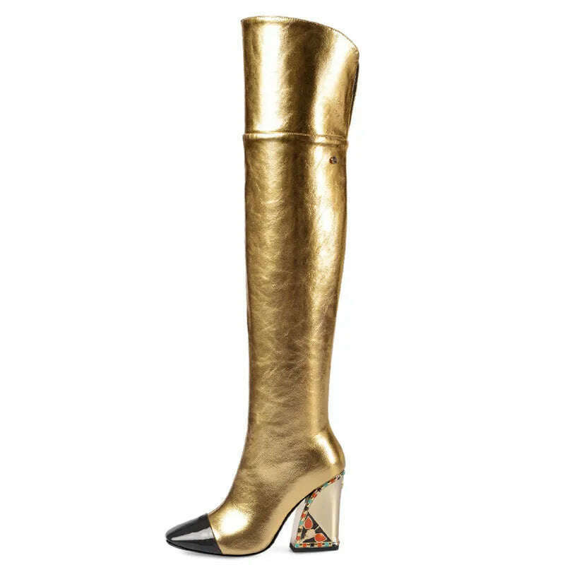 KIMLUD, Colored Rhinestone Cowhide Mid Tube/knee Length Boots Thick Heeled Square Toe Black Gold Runway Runway Performance High Heels, D462gold long / 34, KIMLUD Women's Clothes