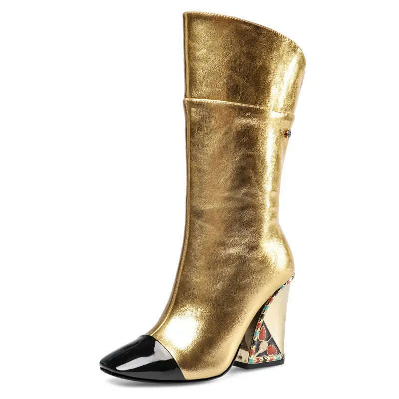 KIMLUD, Colored Rhinestone Cowhide Mid Tube/knee Length Boots Thick Heeled Square Toe Black Gold Runway Runway Performance High Heels, D462gold short / 34, KIMLUD Womens Clothes