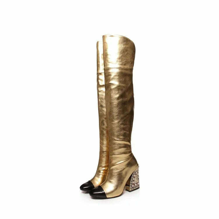 KIMLUD, Colored Rhinestone Cowhide Mid Tube/knee Length Boots Thick Heeled Square Toe Black Gold Runway Runway Performance High Heels, L196gold / 34, KIMLUD Womens Clothes