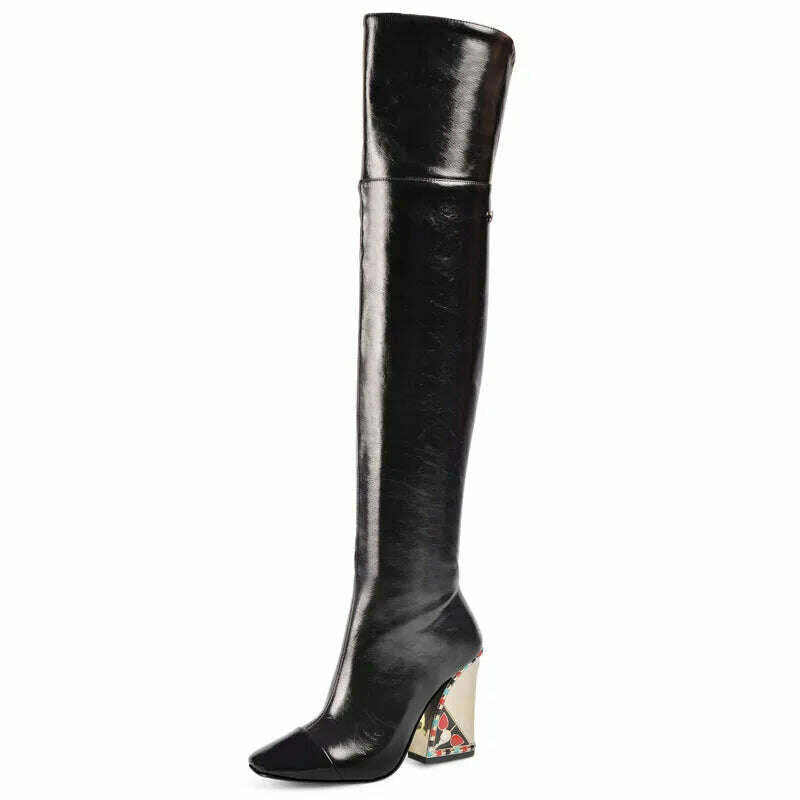 KIMLUD, Colored Rhinestone Cowhide Mid Tube/knee Length Boots Thick Heeled Square Toe Black Gold Runway Runway Performance High Heels, D462black long / 34, KIMLUD Women's Clothes