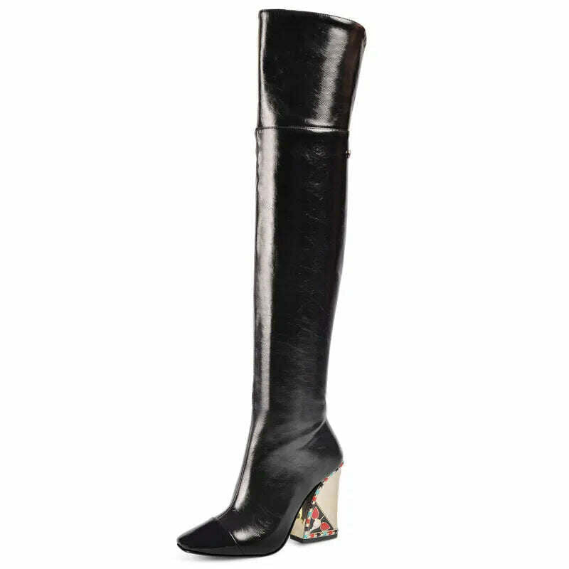 KIMLUD, Colored Rhinestone Cowhide Mid Tube/knee Length Boots Thick Heeled Square Toe Black Gold Runway Runway Performance High Heels, D462black long / 34, KIMLUD APPAREL - Womens Clothes