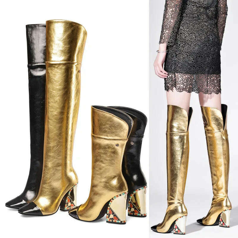 KIMLUD, Colored Rhinestone Cowhide Mid Tube/knee Length Boots Thick Heeled Square Toe Black Gold Runway Runway Performance High Heels, KIMLUD Womens Clothes