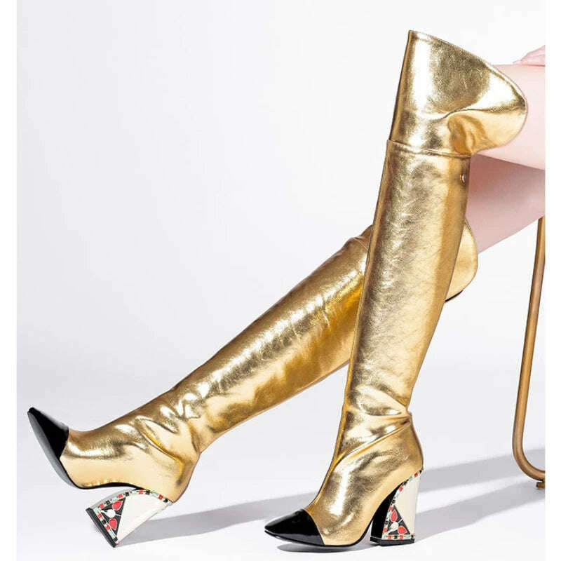 KIMLUD, Colored Rhinestone Cowhide Mid Tube/knee Length Boots Thick Heeled Square Toe Black Gold Runway Runway Performance High Heels, KIMLUD Womens Clothes