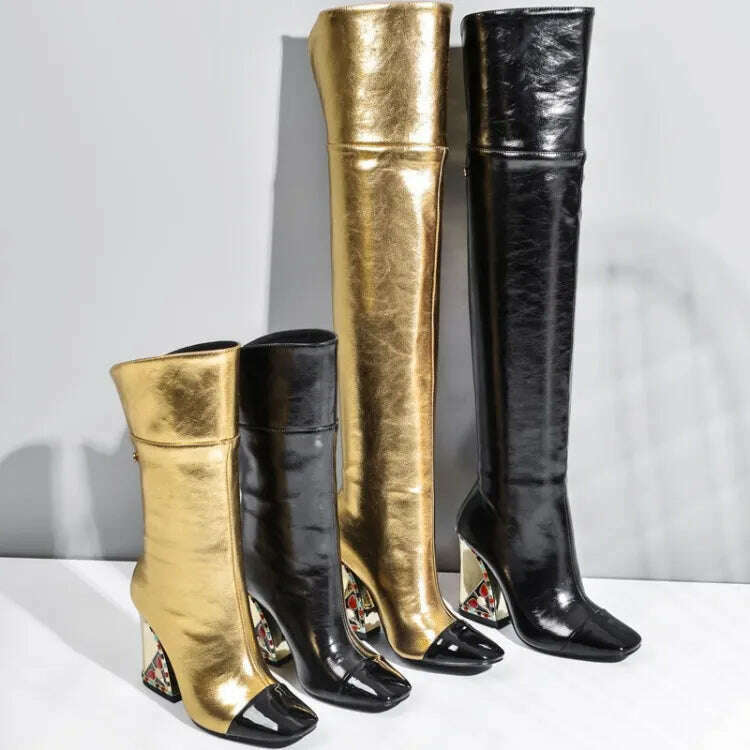 KIMLUD, Colored Rhinestone Cowhide Mid Tube/knee Length Boots Thick Heeled Square Toe Black Gold Runway Runway Performance High Heels, KIMLUD Women's Clothes