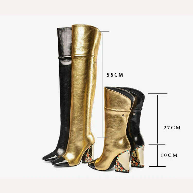 KIMLUD, Colored Rhinestone Cowhide Mid Tube/knee Length Boots Thick Heeled Square Toe Black Gold Runway Runway Performance High Heels, KIMLUD Womens Clothes