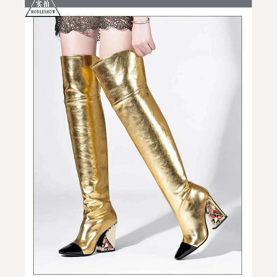 KIMLUD, Colored Rhinestone Cowhide Mid Tube/knee Length Boots Thick Heeled Square Toe Black Gold Runway Runway Performance High Heels, KIMLUD Womens Clothes