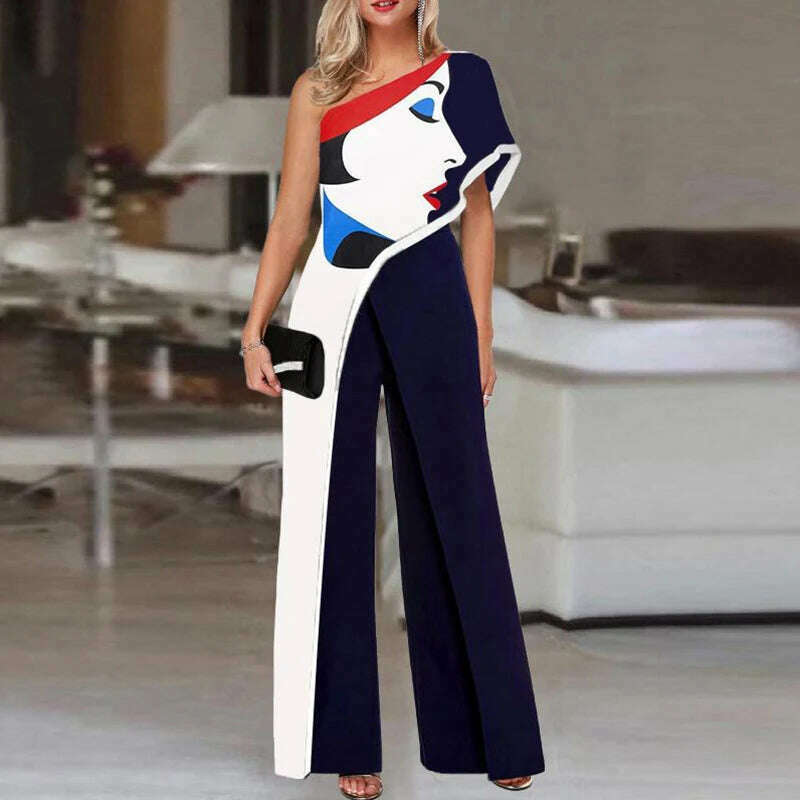 Colorful Ladies Face Print Slim Jumpsuits Summer Off Shoulder Diagonal Collar Sexy Rompers Women Loose Straight Wide Leg Pants, KIMLUD Women's Clothes