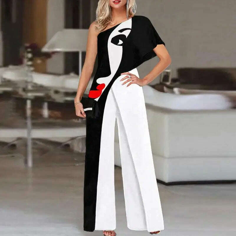 KIMLUD, Colorful Ladies Face Print Slim Jumpsuits Summer Off Shoulder Diagonal Collar Sexy Rompers Women Loose Straight Wide Leg Pants, 03 Print / S, KIMLUD Womens Clothes