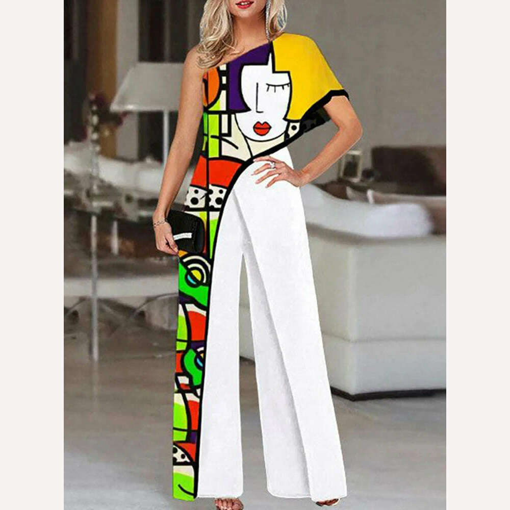 KIMLUD, Colorful Ladies Face Print Slim Jumpsuits Summer Off Shoulder Diagonal Collar Sexy Rompers Women Loose Straight Wide Leg Pants, KIMLUD Womens Clothes