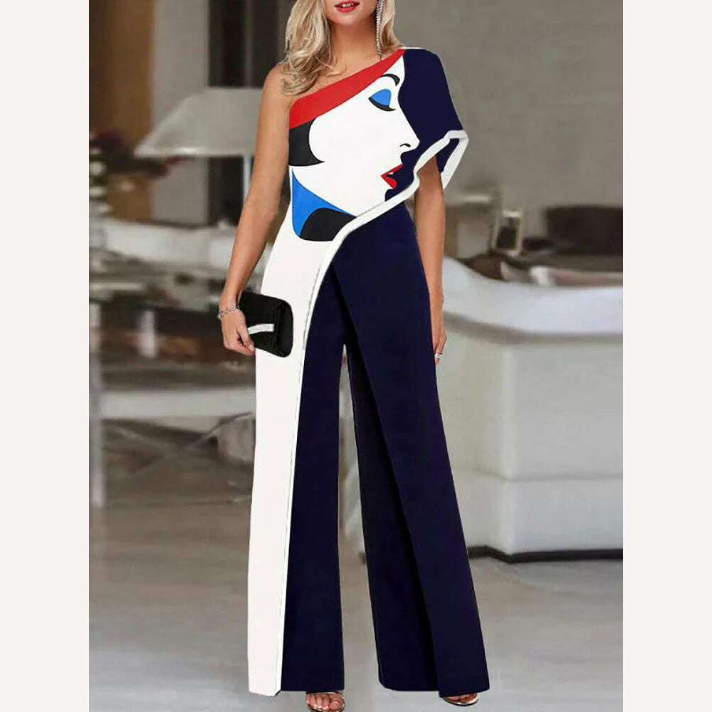 KIMLUD, Colorful Ladies Face Print Slim Jumpsuits Summer Off Shoulder Diagonal Collar Sexy Rompers Women Loose Straight Wide Leg Pants, KIMLUD Womens Clothes