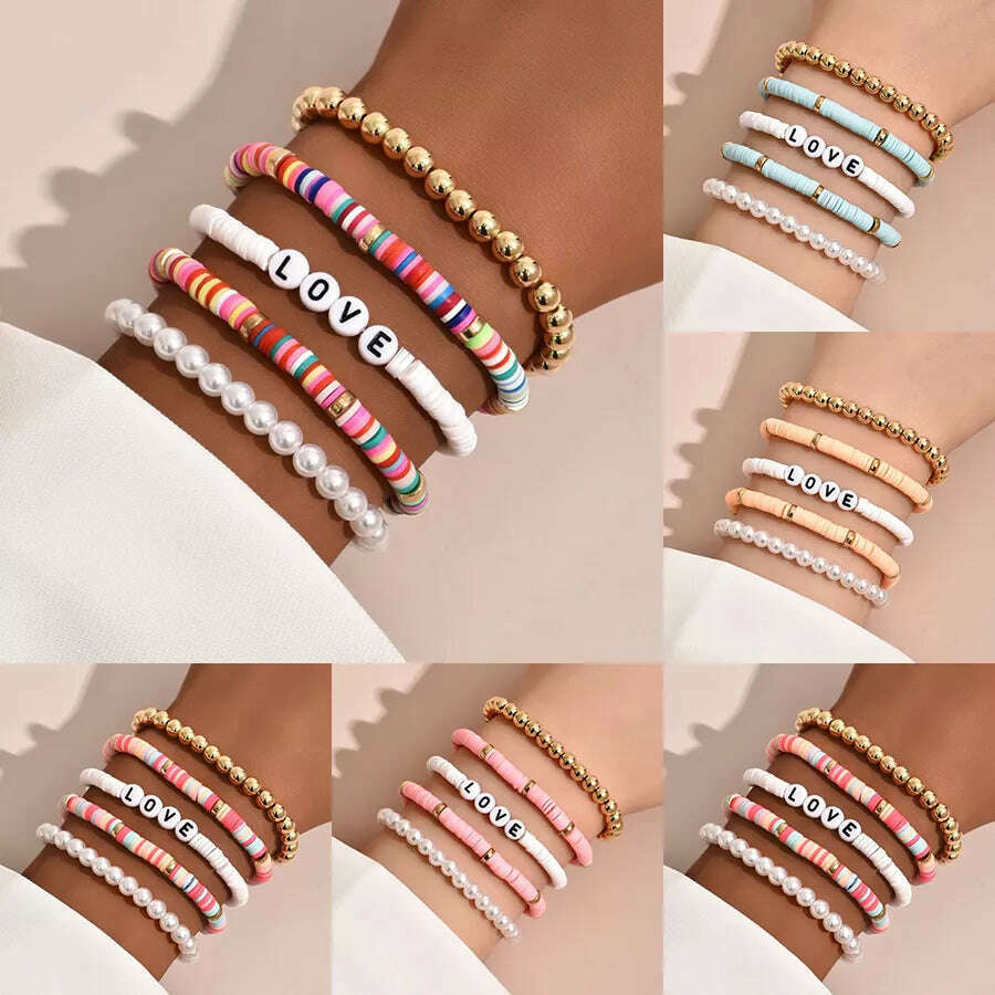 Colorful Stackable Love Letter Bracelets for Women soft clay pottery Layering Friendship Beads Chain Bangle Boho Jewelry Gift - KIMLUD