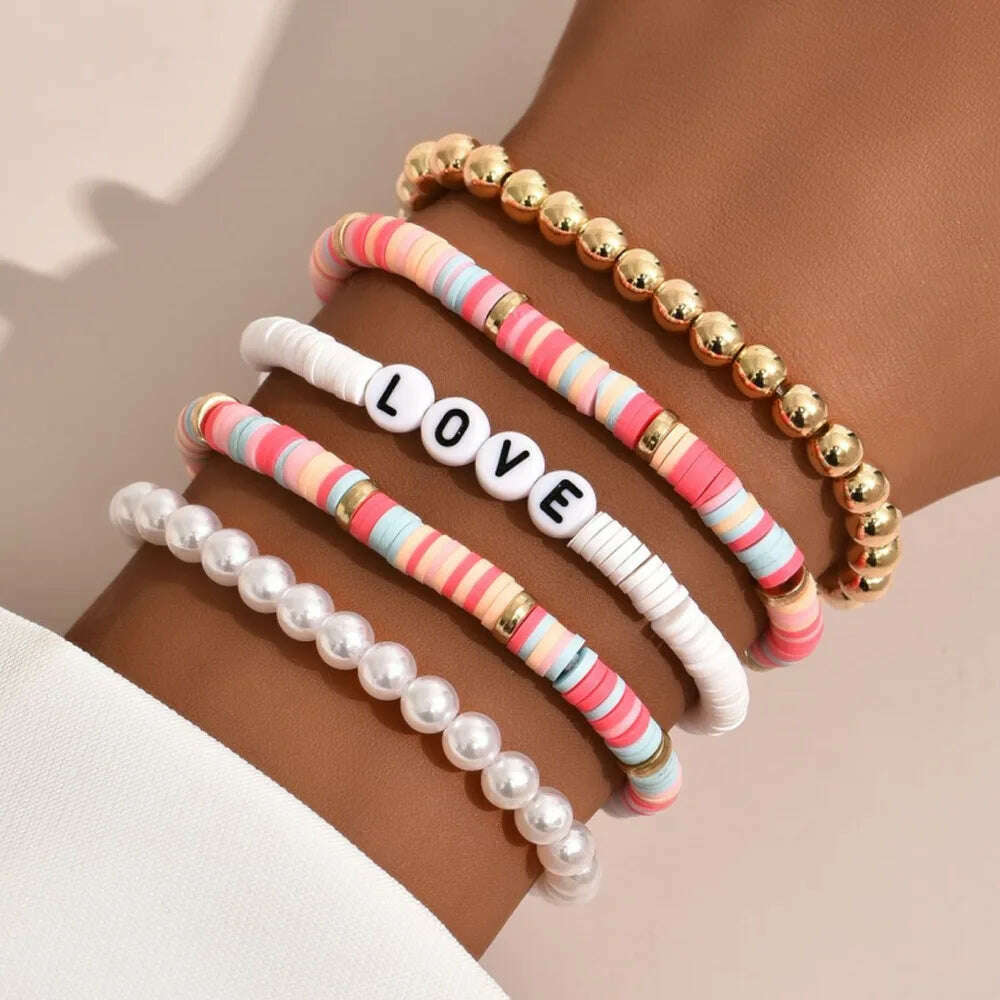 KIMLUD, Colorful Stackable Love Letter Bracelets for Women soft clay pottery Layering Friendship Beads Chain Bangle Boho Jewelry Gift, KIMLUD Womens Clothes