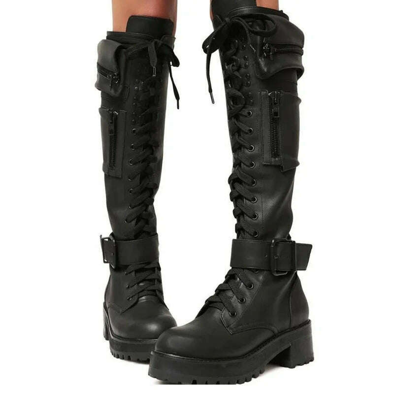 KIMLUD, Combat Boots 2023 Winter Fashion Women Lace Up Pocket Punk Boots Lady Low Heels Knee High Boots, KIMLUD Womens Clothes