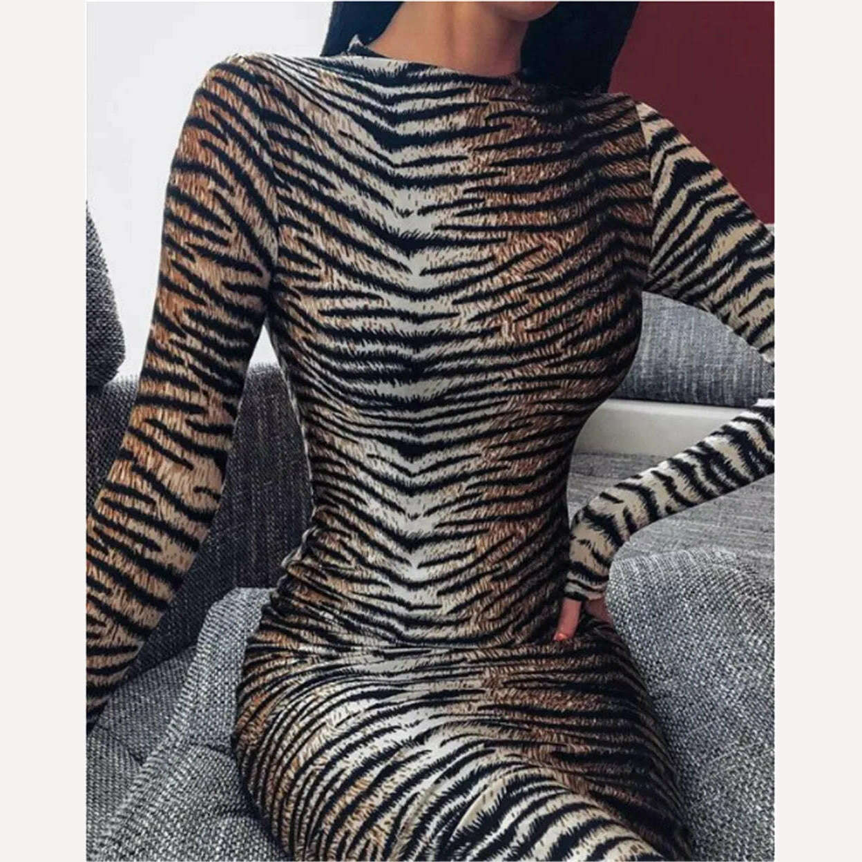 KIMLUD, Combhasaki Sexy Midi Dress Womens tiger print Evening Party club wear High Neck Long Sleeve Slim Stretchy Bodycon Dresses, KIMLUD Womens Clothes