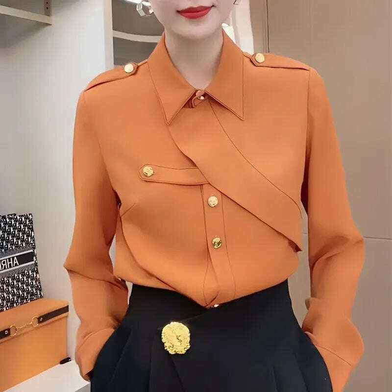 Commute Solid Color Stylish Asymmetrical Shirt Female Clothing Spliced Chic Single-breasted Spring Autumn Polo-Neck Loose Blouse - KIMLUD