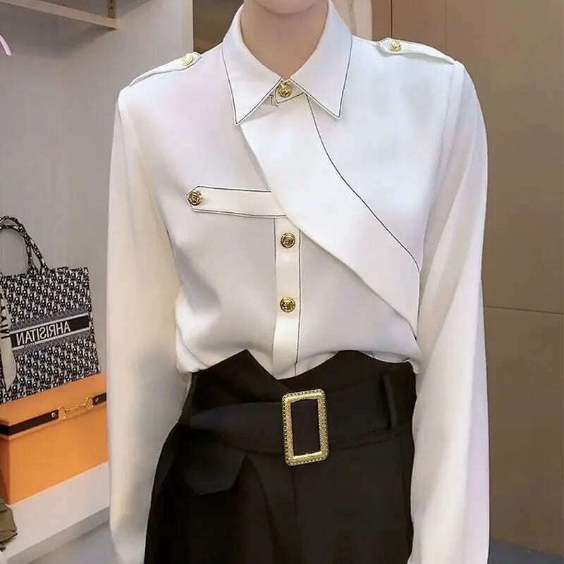 Commute Solid Color Stylish Asymmetrical Shirt Female Clothing Spliced Chic Single-breasted Spring Autumn Polo-Neck Loose Blouse - KIMLUD