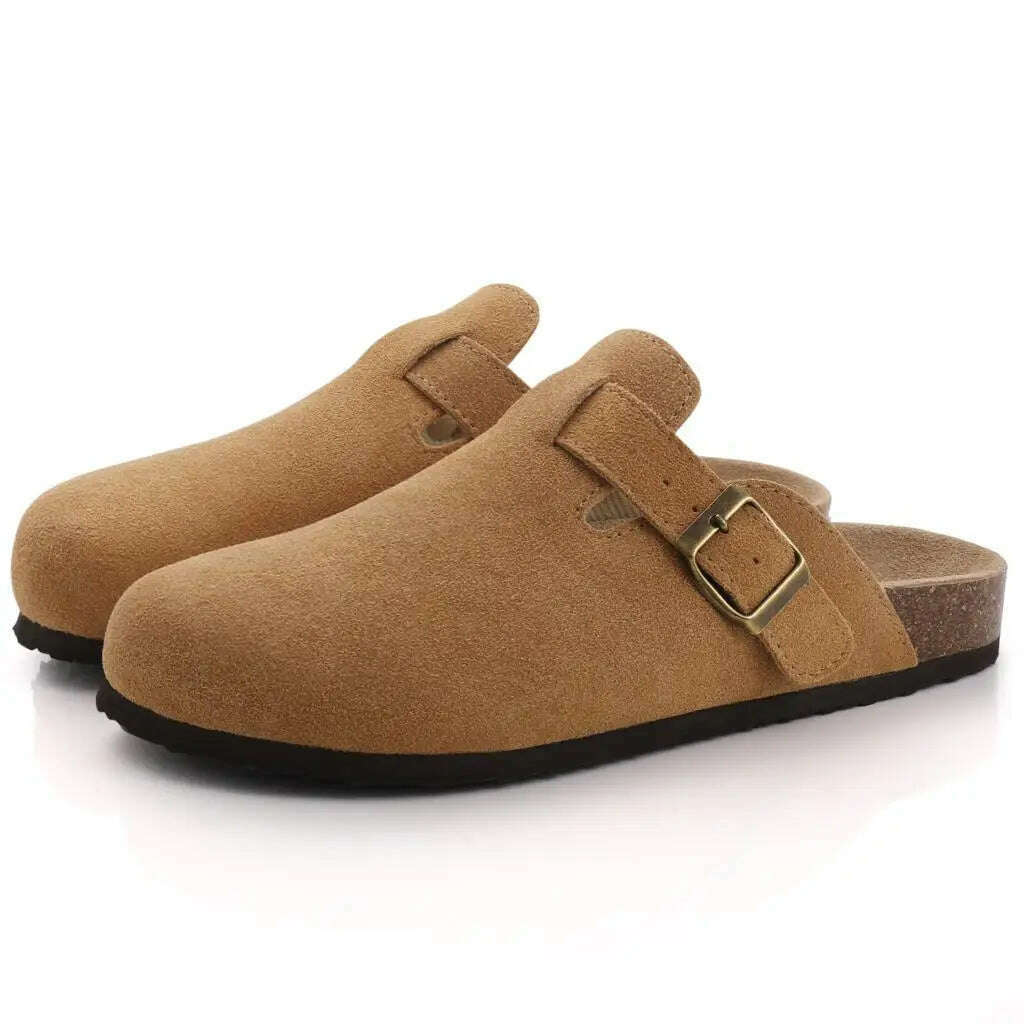 Comwarm Fashion Women's Suede Mules Slippers Men Clogs Cork Insole Sandals With Arch Support Outdoor Beach Slides Home Shoes - KIMLUD