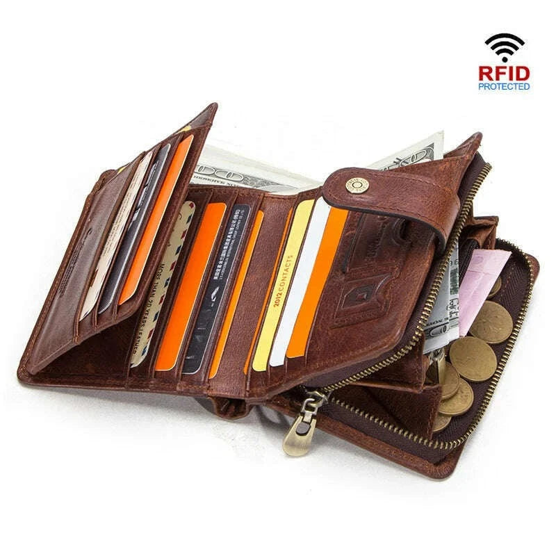 KIMLUD, CONTACT'S Genuine Leather RFID Vintage Wallet Men With Coin Pocket Short Wallets Small Zipper Walet With Card Holders Man Purse, KIMLUD Women's Clothes