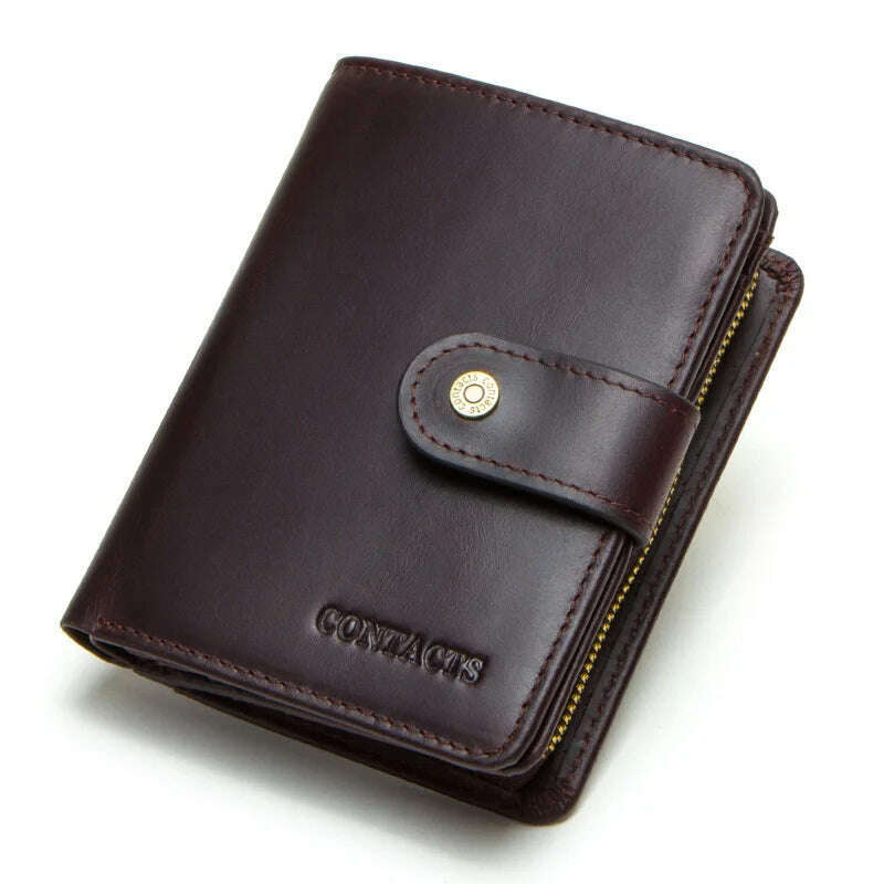 CONTACT'S Genuine Leather RFID Vintage Wallet Men With Coin Pocket Short Wallets Small Zipper Walet With Card Holders Man Purse - KIMLUD