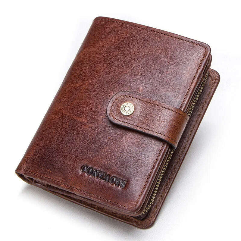 CONTACT'S Genuine Leather RFID Vintage Wallet Men With Coin Pocket Short Wallets Small Zipper Walet With Card Holders Man Purse - KIMLUD