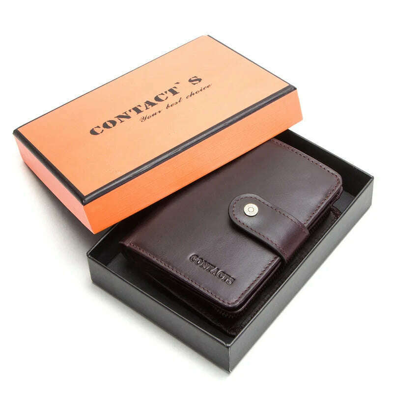 KIMLUD, CONTACT'S Genuine Leather RFID Vintage Wallet Men With Coin Pocket Short Wallets Small Zipper Walet With Card Holders Man Purse, coffee box / China, KIMLUD Womens Clothes