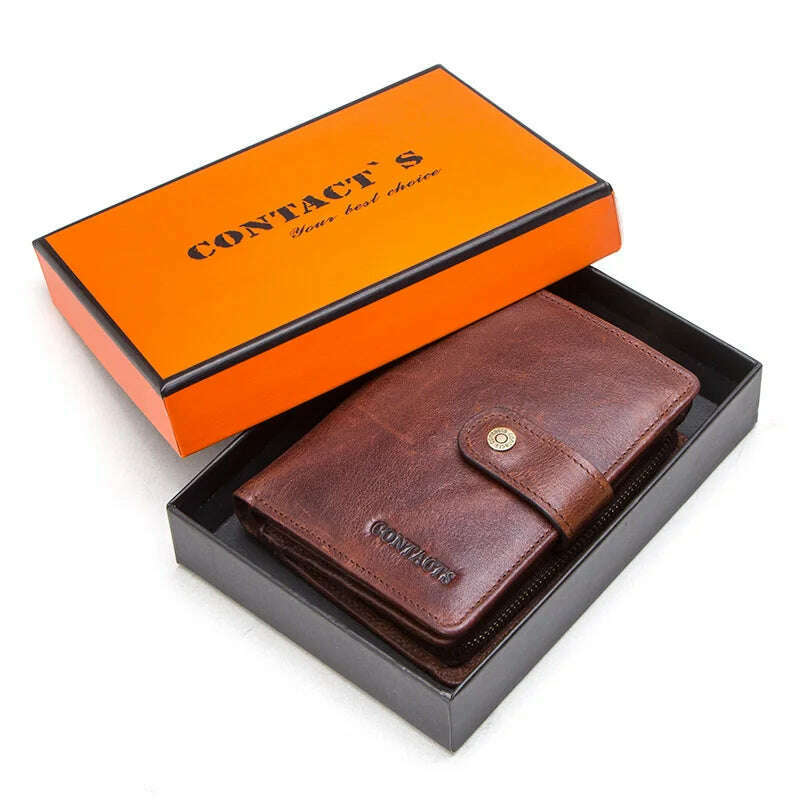 CONTACT'S Genuine Leather RFID Vintage Wallet Men With Coin Pocket Short Wallets Small Zipper Walet With Card Holders Man Purse - KIMLUD