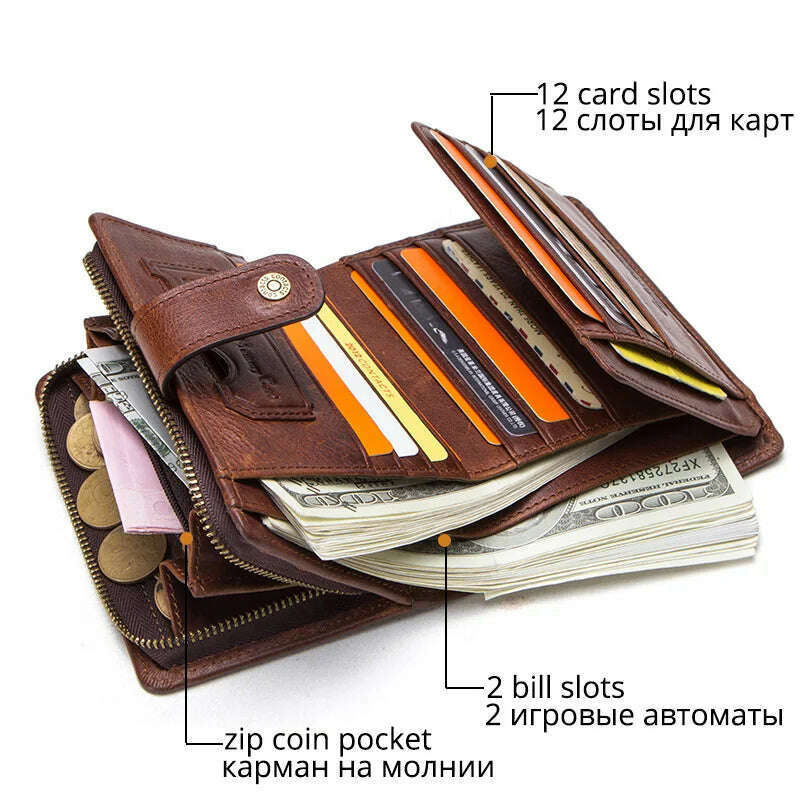 CONTACT'S Genuine Leather RFID Vintage Wallet Men With Coin Pocket Short Wallets Small Zipper Walet With Card Holders Man Purse - KIMLUD