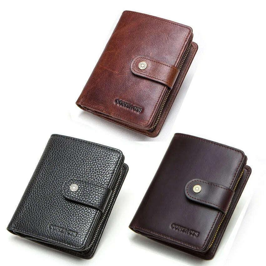 CONTACT'S Genuine Leather RFID Vintage Wallet Men With Coin Pocket Short Wallets Small Zipper Walet With Card Holders Man Purse - KIMLUD
