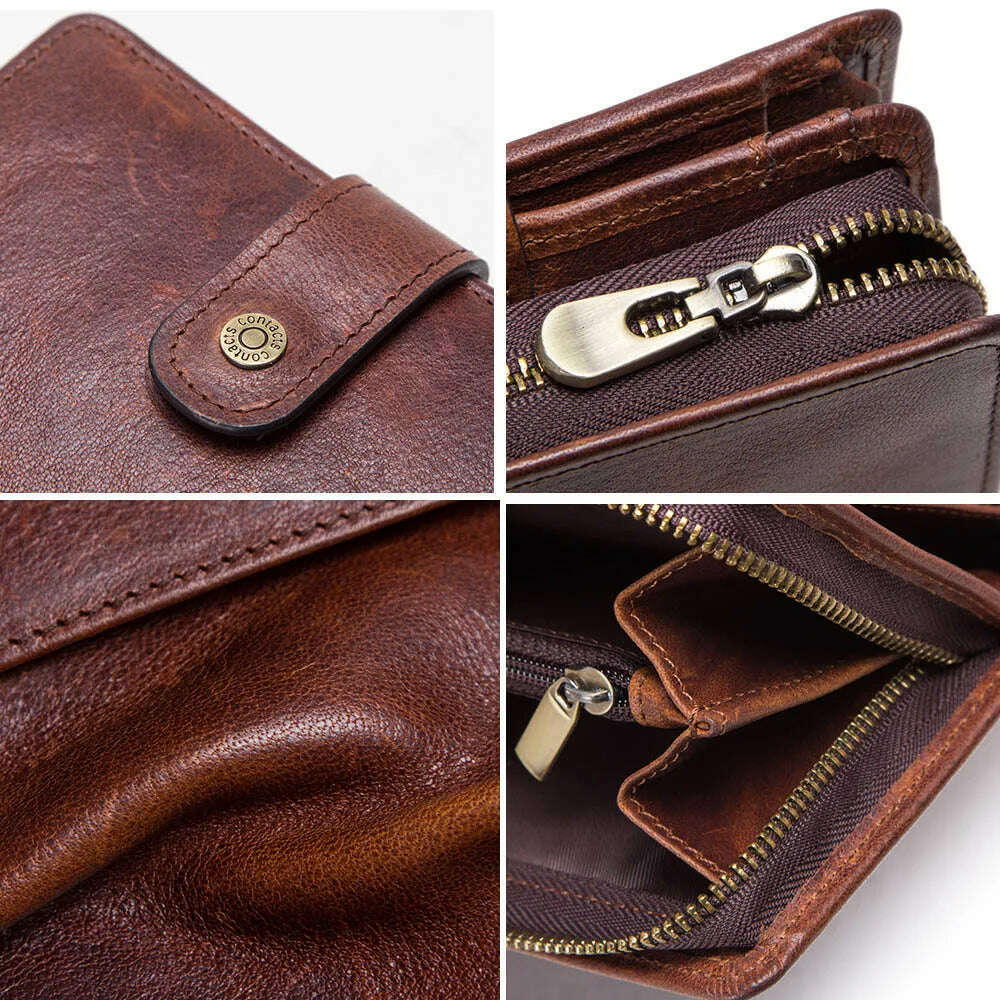CONTACT'S Genuine Leather RFID Vintage Wallet Men With Coin Pocket Short Wallets Small Zipper Walet With Card Holders Man Purse - KIMLUD